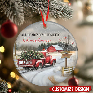 Personalized Coming Home For Christmas Family Red Truck Ceramic Ornament