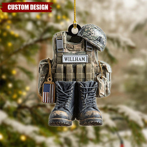 Military Uniform Ornament, Boots & Helmet Personalized Flat Ornament, Custom Veteran Ornament, Military Xmas Gift For Dad, 2D Flat Ornament
