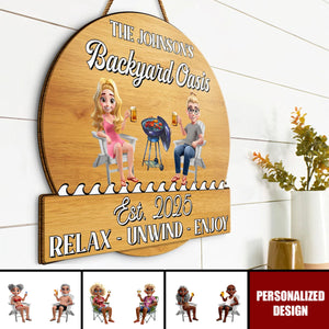 Couple Poolside Paradise Relax Enjoy 3D Effect - Personalized Shaped Wood Sign