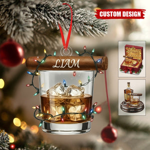 Personalized Whiskey Glass and Cigar Ornament – Gift for Dad/Husband