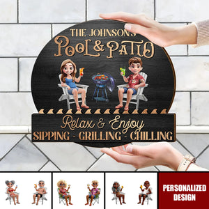 Couple Poolside Paradise Relax Enjoy 3D Effect - Personalized Shaped Wood Sign