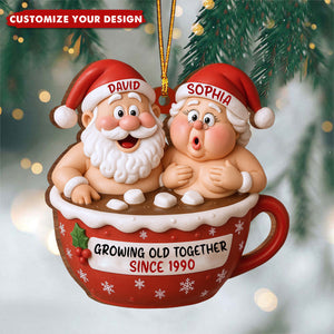 Growing Old Together Santa Claus In Hot Chocolate Cup Personalized Couple Ornament