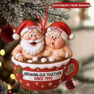 Growing Old Together Santa Claus In Hot Chocolate Cup Personalized Couple Ornament