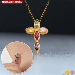 Personalized Mini Cross Pendant Necklace with 1-5 Family Birthstones Christening Gift for Woman