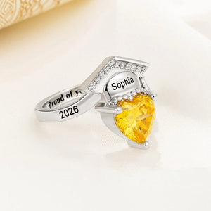 Personalized Zircon Grad Cap Heart Birthstone Ring - Dainty Jewelry Birthday Graduation Gift for Women Graduates