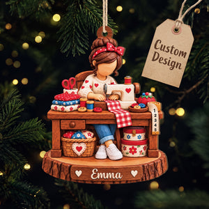 Personalized Sewing Girl Wood Ornament - Personalized Gifts for Sewing Lovers