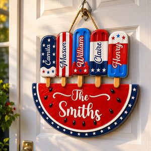 Personalized Patriotic Watermelon Wooden Sign with Popsicle Art, Creative Gift for Family Summer Decor