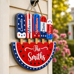 Personalized Patriotic Watermelon Wooden Sign with Popsicle Art, Creative Gift for Family Summer Decor