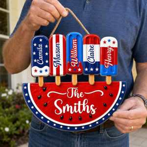 Personalized Patriotic Watermelon Wooden Sign with Popsicle Art, Creative Gift for Family Summer Decor