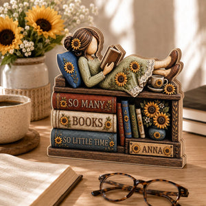 Personalized Book Lover Wooden Block, Custom Name Reading Girl Shelf Decor, Sunflower Bookish Gift, Library Desk Sign