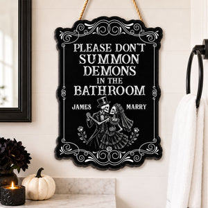 Gothic Couple Please Don't Summon Demons - Personalized Wood Sign - Funny Halloween Gothic Bathroom Decor For Couple