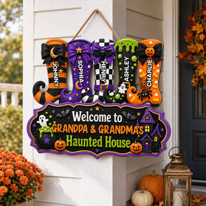 Whimsical Halloween Welcome To Grandma Grandpa Haunted House Witch Boots - Personalized Wood Sign - Halloween Decoration For Grandparents