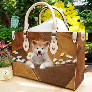 Akita Inu Holding Daisy Leather Bag