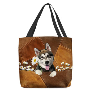 Alaskan Malamute Holding Daisy All Over Printed Tote Bag