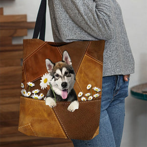 Alaskan Malamute Holding Daisy All Over Printed Tote Bag