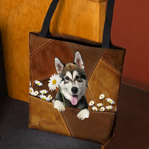 Alaskan Malamute Holding Daisy All Over Printed Tote Bag
