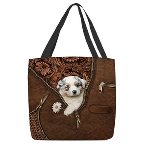 Australian Shepherd Holding Daisy Tote Bag