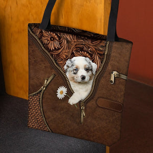 Australian Shepherd Holding Daisy Tote Bag
