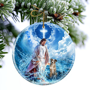 Australian Shepherd And God Walking On The Ocean Wave Porcelain/Ceramic Ornament