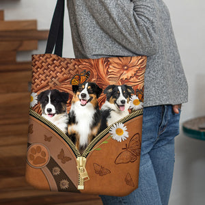 Australian Shepherd Daisy Flower And Butterfly Tote Bag