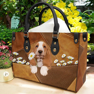 Basset Hound Holding Daisy Leather Bag