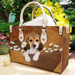 Beagle Holding Daisy Leather Bag