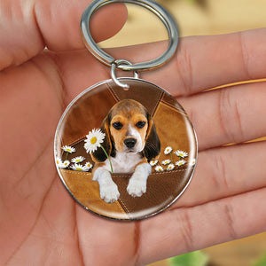 Beagle Holding Daisy-Round Resin Epoxy Metal Keychain