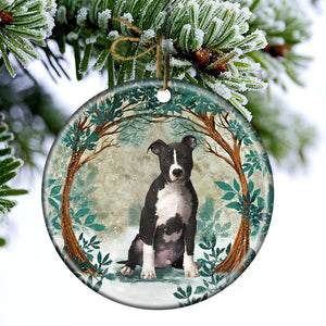 Black And White Pit Bull Among Forest Porcelain/Ceramic Ornament