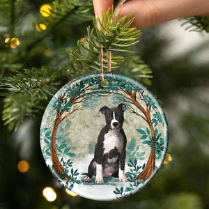 Black And White Pit Bull Among Forest Porcelain/Ceramic Ornament