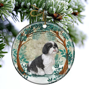 Black And White Shih Tzu Among Forest Porcelain/Ceramic Ornament