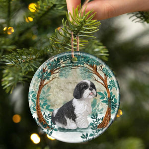 Black And White Shih Tzu Among Forest Porcelain/Ceramic Ornament