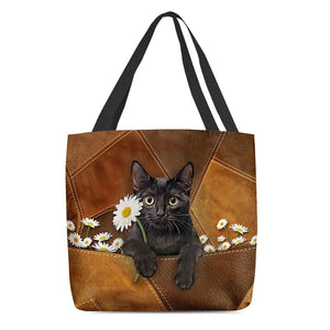 Black Cat Holding Daisy All Over Printed Tote Bag