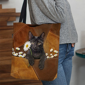 Black Cat Holding Daisy All Over Printed Tote Bag