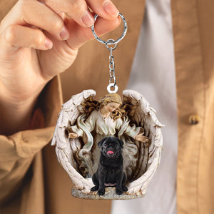Angel Hug Black Pug Acrylic Keychain