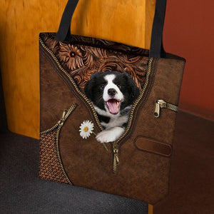 Border Collie Holding Daisy Tote Bag