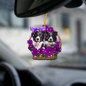Border Collie Purple Rose Wicker Basket Car Hanging Ornament