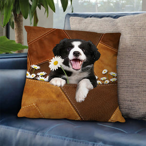 Border Collie Holding Daisy Pillow Case