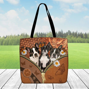 Boston Terrier Daisy Flower And Butterfly Tote Bag