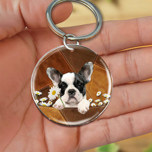 Boston Terrier04 Mountain Holding Daisy-Round Resin Epoxy Metal Keychain
