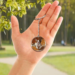Boston Terrier Mountain Holding Daisy-Round Resin Epoxy Metal Keychain