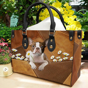 Boston Terrier Holding Daisy Leather Bag