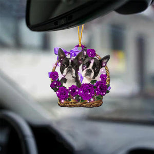 Boston terrier Purple Rose Wicker Basket Car Hanging Ornament