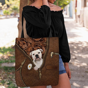White Bulldog Holding Daisy Tote Bag