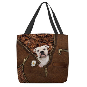 White Bulldog Holding Daisy Tote Bag