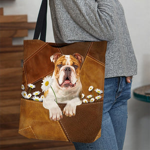 Bulldog Holding Daisy All Over Printed Tote Bag