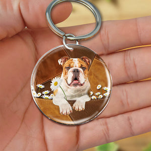 Bulldog Holding Daisy-Round Resin Epoxy Metal Keychain