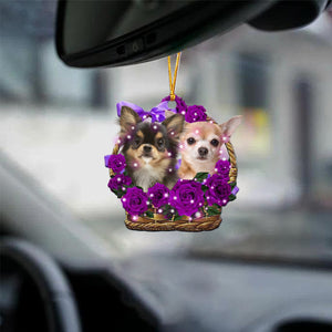 Chihuahua1 Purple Rose Wicker Basket Car Hanging Ornament