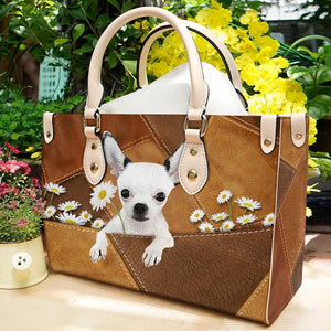 Chihuahua Holding Daisy Leather Bag