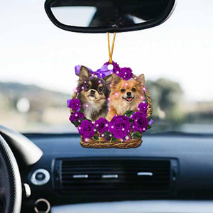 Chihuahua2 Purple Rose Wicker Basket Car Hanging Ornament