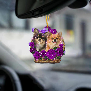 Chihuahua2 Purple Rose Wicker Basket Car Hanging Ornament